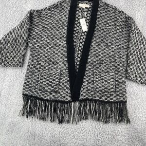 LOFT Open Front Cardigan S Shawl Sweater Gray Black Fringe Wool Blend